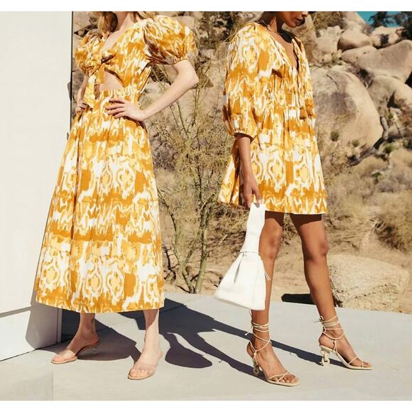 Cleobella Sadie Dress Watercolor Ikat Print Puff Sleeves Size Medium - Picture 3 of 10